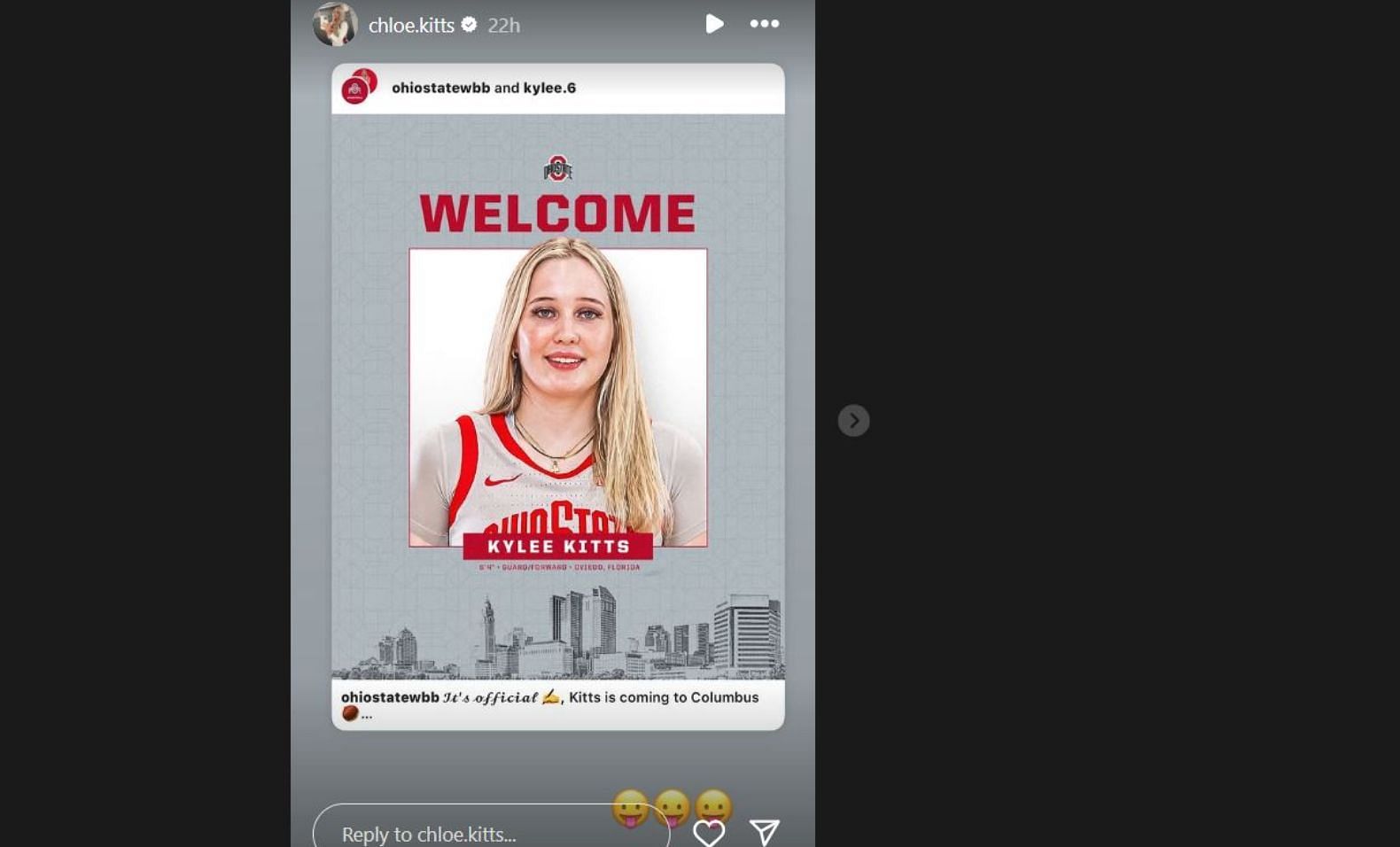 Chloe Kitts reacts to sister Kylee Kitts signing for Ohio State. Credit: IG/@chloe.kitts